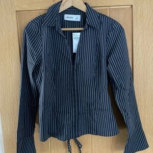 Hollister Women's Navy Pinstripe Button Down Shirt